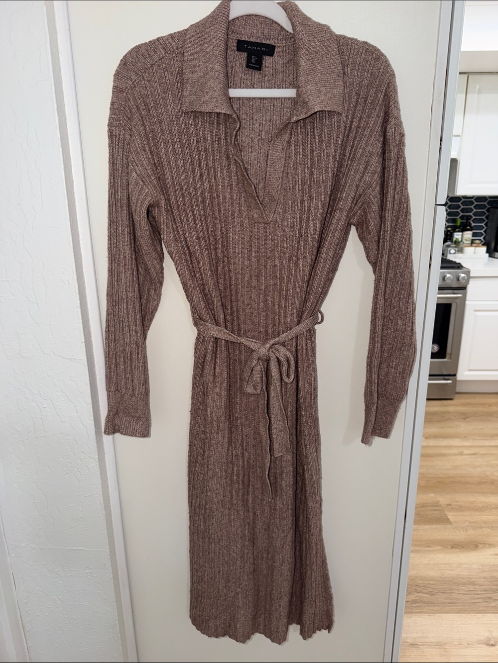 Tahari Taupe Ribbed Knit Belted Sweater Midi Dress with Side Slits | L